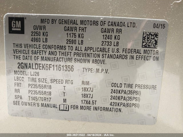 Chevrolet Equinox Ltz 2015 2GNALDEK6F1161356 Image 9