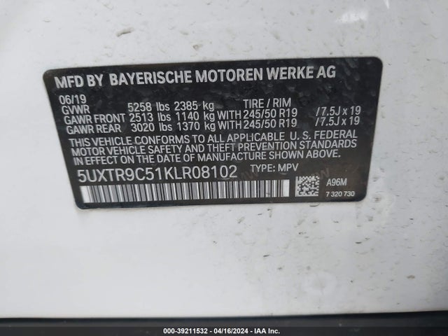 BMW X3 Xdrive30i 2019 5UXTR9C51KLR08102 Image 9