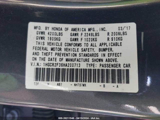 Honda ACCORD LX 2017 1HGCR2F36HA200713 Image 9