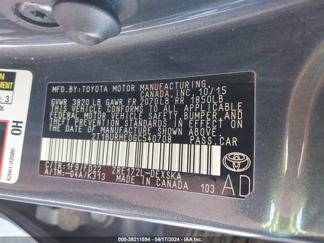 Toyota Corolla S Plus 2016 2T1BURHE0GC540708 Image 9