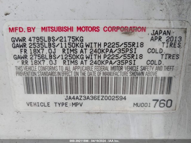 JA4AZ3A36EZ002594 Mitsubishi Outlander Se