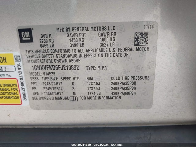Chevrolet Traverse Ls 2015 1GNKVFKD6FJ219892 Image 9