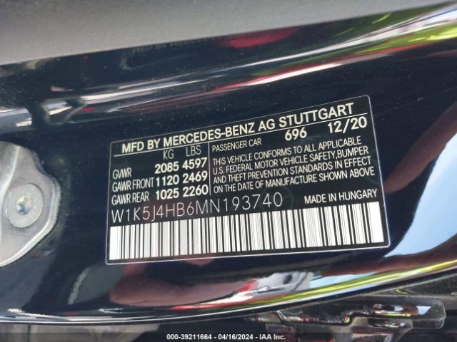 W1K5J4HB6MN193740 Mercedes-Benz CLA 250 4MATIC