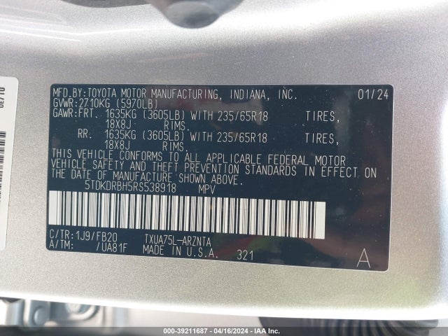 Toyota Highlander Le 2024 5TDKDRBH5RS538918 Image 9