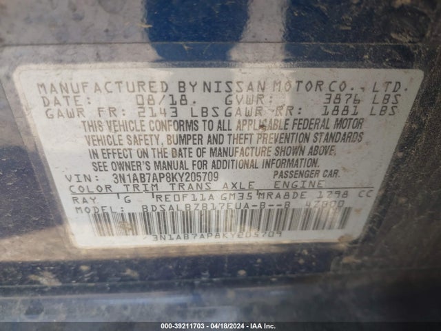 Nissan SENTRA S 2019 3N1AB7AP8KY205709 Image 9