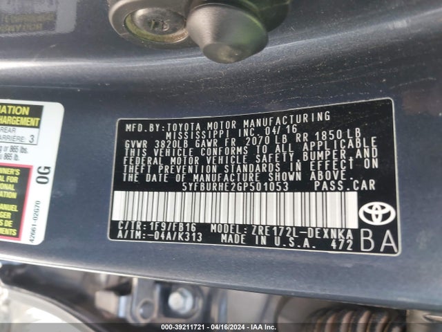 Toyota COROLLA LE 2016 5YFBURHE2GP501053 Image 9