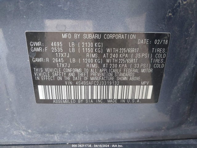 Subaru Outback 2.5i Premium 2018 4S4BSAFC2J3319132 Image 9