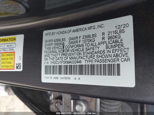 Honda Accord Ex-l 2021 1HGCV1F5XMA032446 Image 9