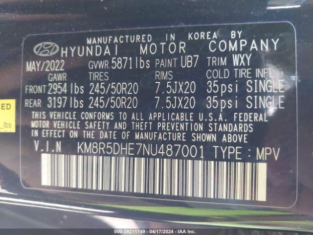 KM8R5DHE7NU487001 Hyundai Palisade Limited