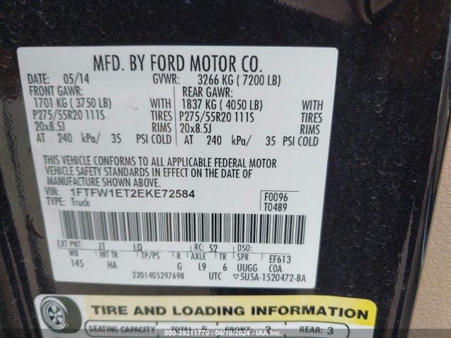 Ford F-150 Lariat 2014 1FTFW1ET2EKE72584 Image 9