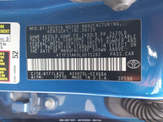 4T1F31AKXLU015282 Toyota Camry Xle Hybrid