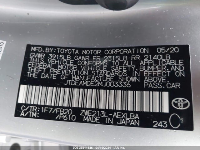 Toyota Corolla Hybrid Le 2021 JTDEAMDE2MJ003336 Image 9