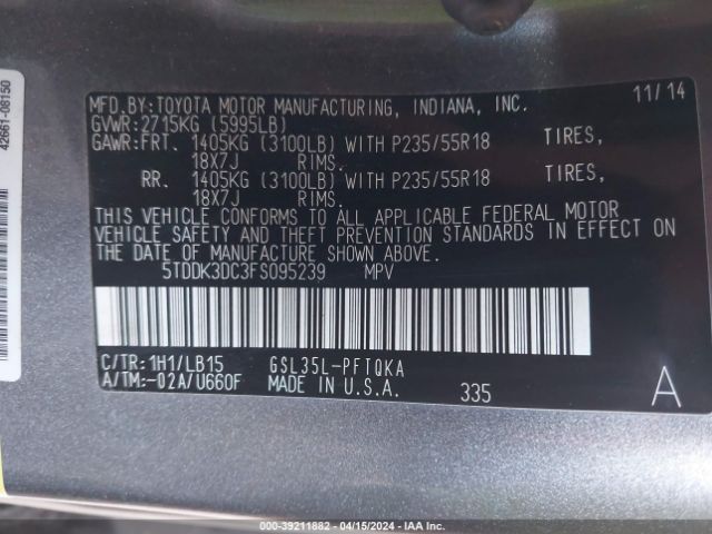 5TDDK3DC3FS095239 Toyota Sienna Limited 7 Passenger