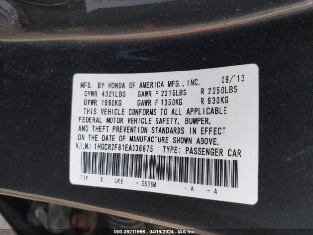 1HGCR2F81EA036875 Honda Accord Ex-l