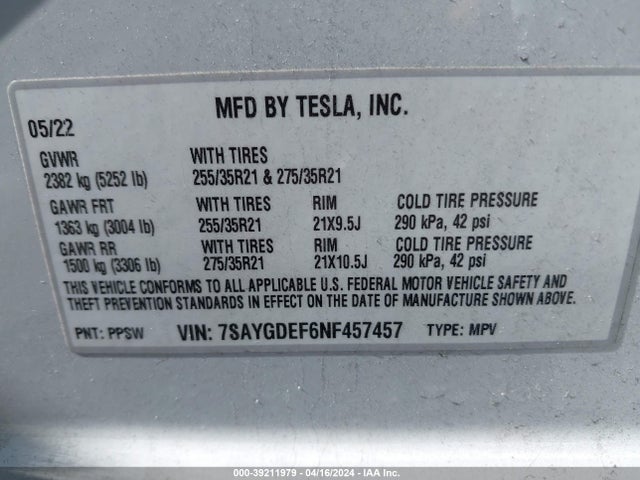 7SAYGDEF6NF457457 Tesla Model Y Performance Dual Motor All-wheel Drive