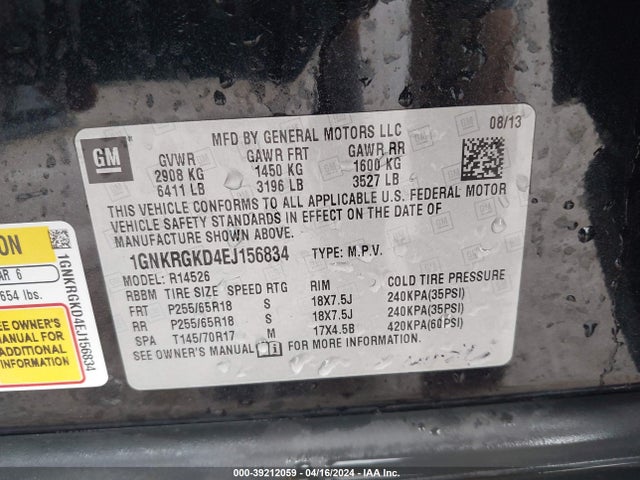 Chevrolet Traverse 1lt 2014 1GNKRGKD4EJ156834 Image 9