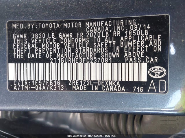 Toyota Corolla Le Plus 2015 2T1BURHE3FC237081 Image 9
