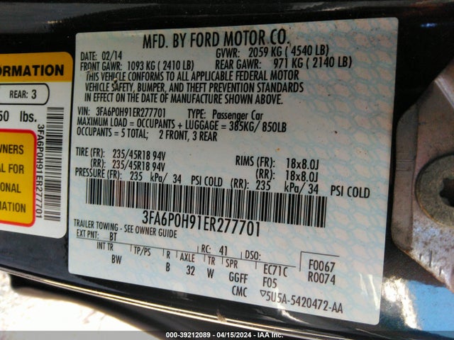 Ford FUSION SE 2014 3FA6P0H91ER277701 Image 9