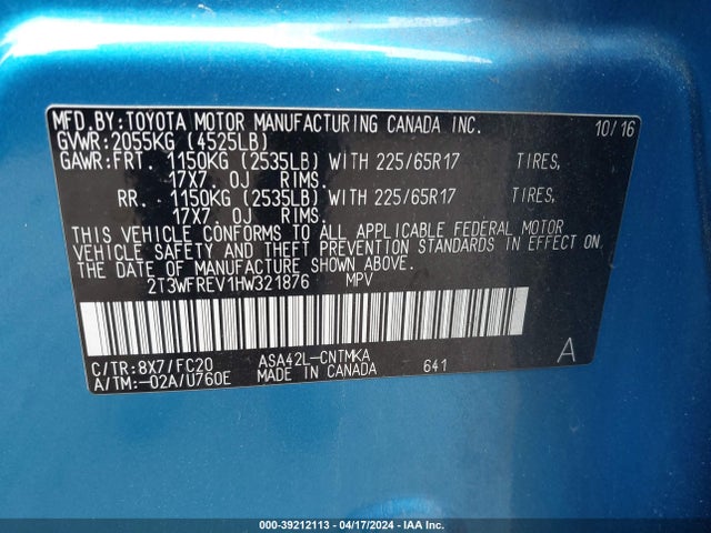 Toyota Rav4 Xle 2017 2T3WFREV1HW321876 Image 9