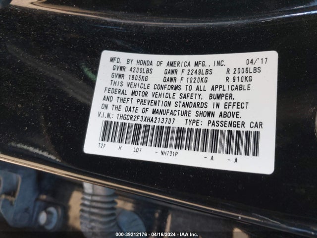 Honda ACCORD LX 2017 1HGCR2F3XHA213707 Image 9
