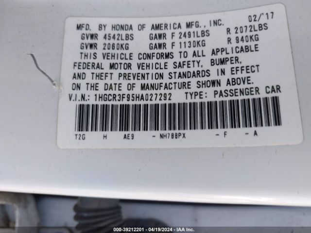 1HGCR3F95HA027292 Honda Accord Touring V6