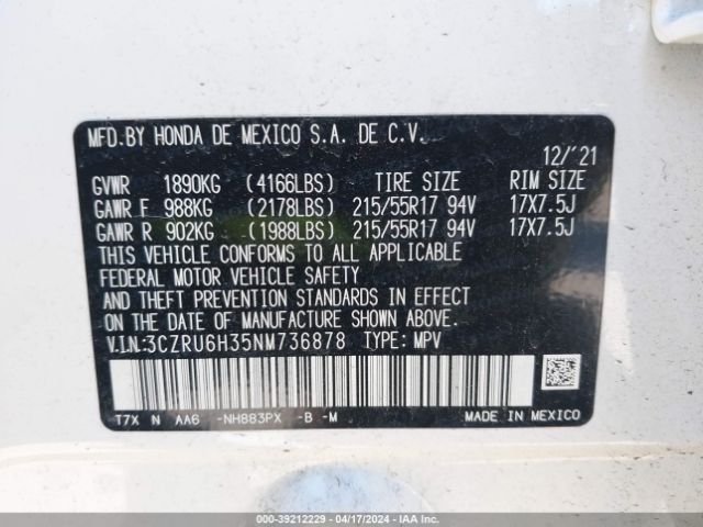 3CZRU6H35NM736878 Honda Hr-v Awd Lx