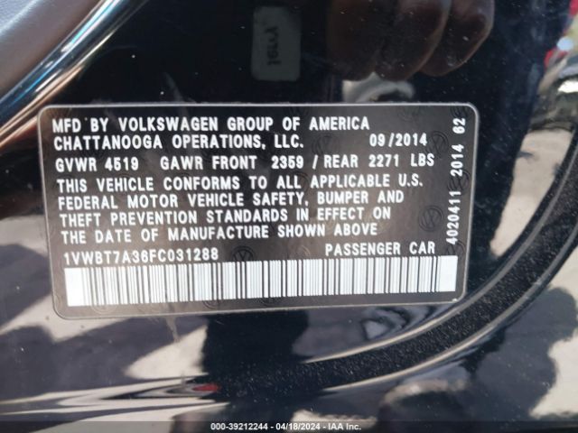1VWBT7A36FC031288 Volkswagen Passat 1.8t Se