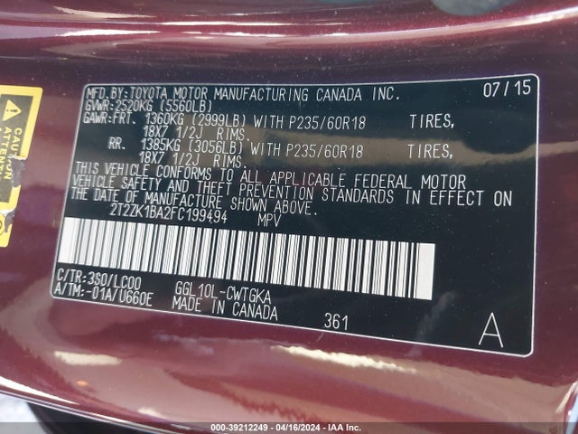 Lexus RX 350 2015 2T2ZK1BA2FC199494 Image 9