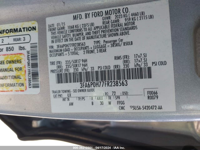 Ford FUSION SE 2015 3FA6P0H77FR238563 Image 9
