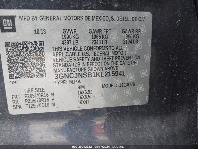 Chevrolet TRAX LS 2019 3GNCJNSB1KL215941 Image 9