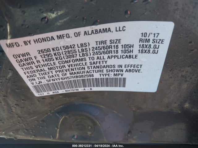 Honda Pilot Ex-l 2017 5FNYF6H57HB082598 Image 9