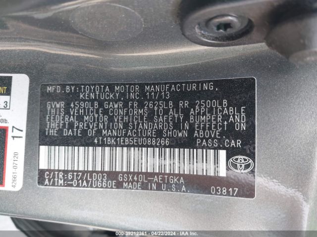 4T1BK1EB5EU088266 Toyota AVALON XLE