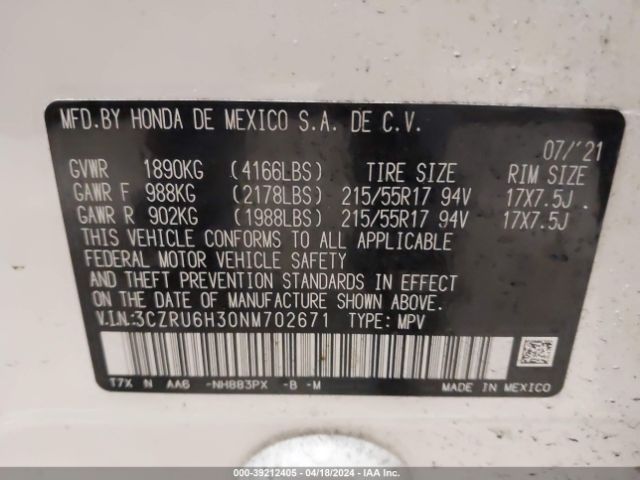3CZRU6H30NM702671 Honda Hr-v Awd Lx