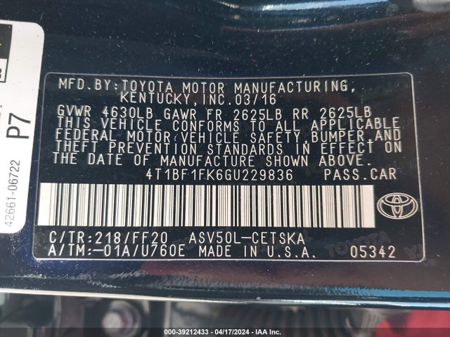 Toyota CAMRY SE 2016 4T1BF1FK6GU229836 Image 9