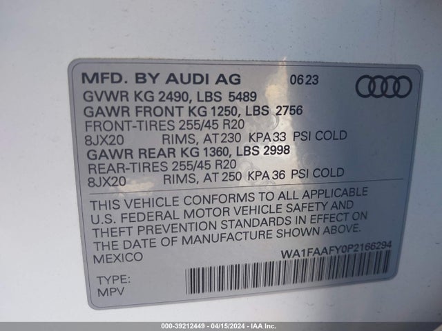 WA1FAAFY0P2166294 Audi Q5 Prestige 45 Tfsi S Line Quattro S Tronic