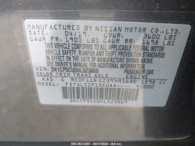 Nissan KICKS SV 2019 3N1CP5CU0KL523869 Image 9