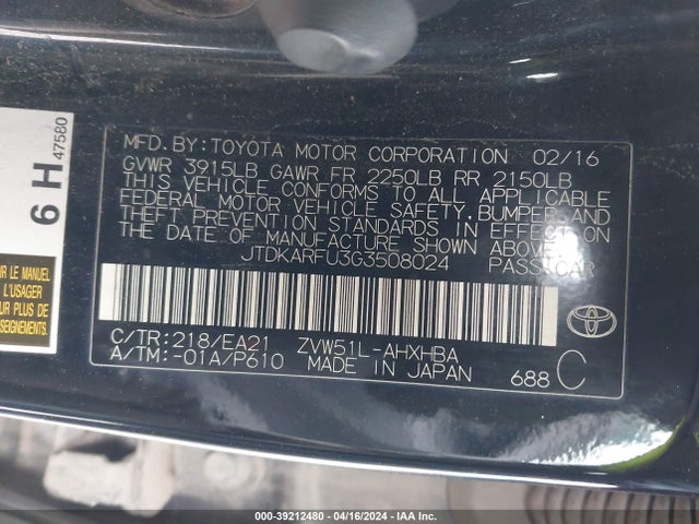 Toyota Prius Four Touring 2016 JTDKARFU3G3508024 Image 9
