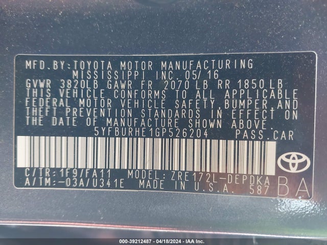 Toyota COROLLA L 2016 5YFBURHE1GP526204 Image 9