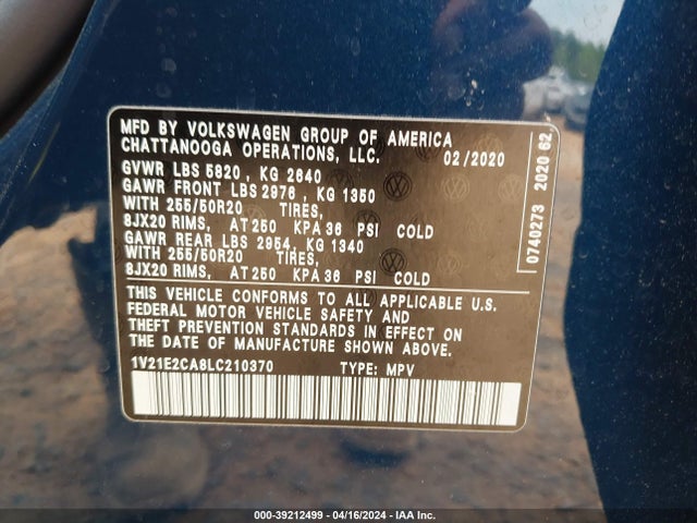 1V21E2CA8LC210370 Volkswagen Atlas Cross Sport 3.6l V6 Se W/technology/3.6l V6 Se W/technology R-line