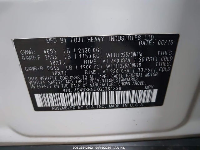 Subaru Outback 2.5i Limited 2016 4S4BSBNCXG3361838 Image 9