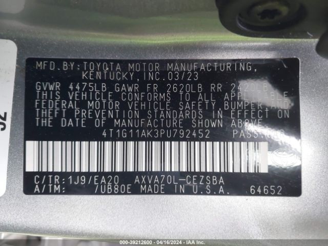 4T1G11AK3PU792452 Toyota CAMRY SE