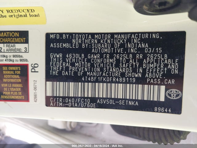 Toyota CAMRY LE 2015 4T4BF1FK0FR489119 Image 9