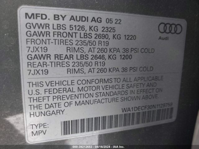 WA1DECF30N1129759 Audi Q3 Premium 45 Tfsi S Line Quattro Tiptronic