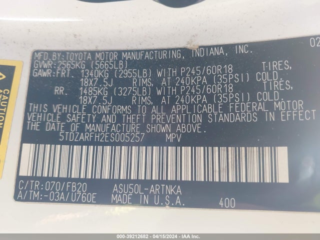 Toyota Highlander Le 2014 5TDZARFH2ES005257 Image 9