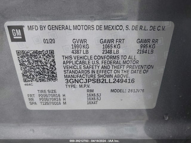 Chevrolet Trax Awd Lt 2020 3GNCJPSB2LL249416 Image 9