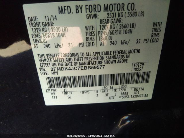 2FMDK4JC7EBB59577 Ford EDGE SEL