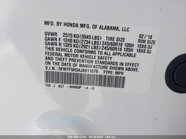 Honda Pilot Ex-l 2018 5FNYF5H54JB011679 Image 9