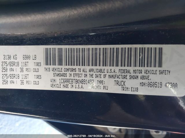 1C6RREBT8KN891492 RAM 1500 Big Horn/lone Star Quad Cab 4x2 6'4 Box