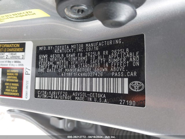 Toyota CAMRY SE 2017 4T1BF1FK4HU327426 Image 9