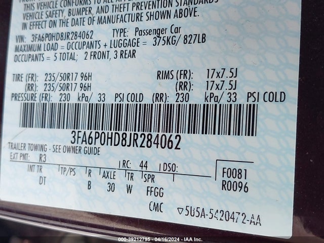 Ford FUSION SE 2018 3FA6P0HD8JR284062 Image 9